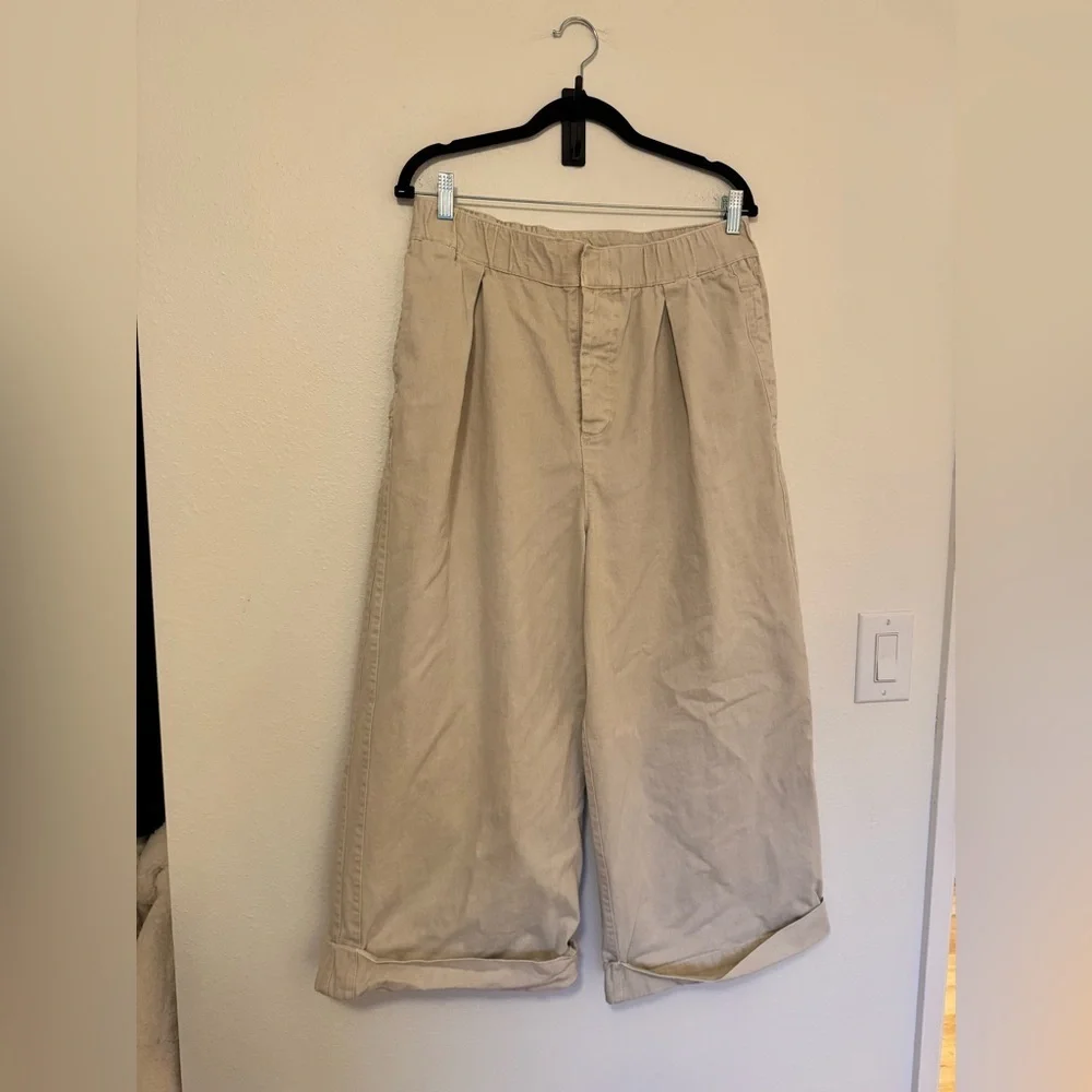 Free People After Love Cuff Pants Khaki Wide Leg Medium Oversized EUC